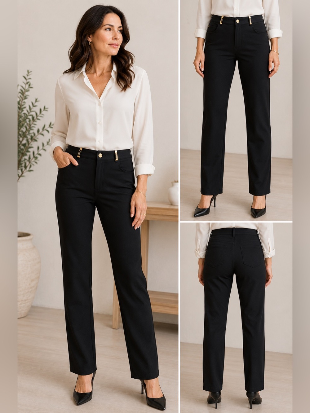 St. John Sport Black Stretch Pants with Gold Logo Hardware | Size 6